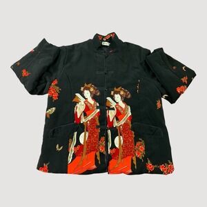 Loon Feng Mandarin Jacket Womens L Black Red Asian Geisha Frog Chinese Blouse